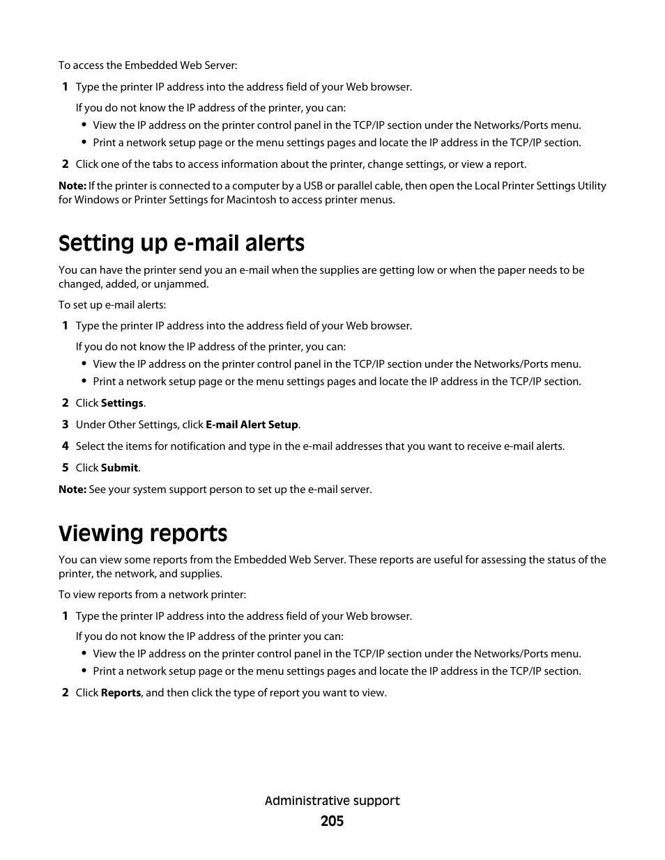 Setting up e-mail alerts, Viewing reports, Setting up e-mail alerts viewing reports | Lexmark 382 User Manual | Page 205 / 258