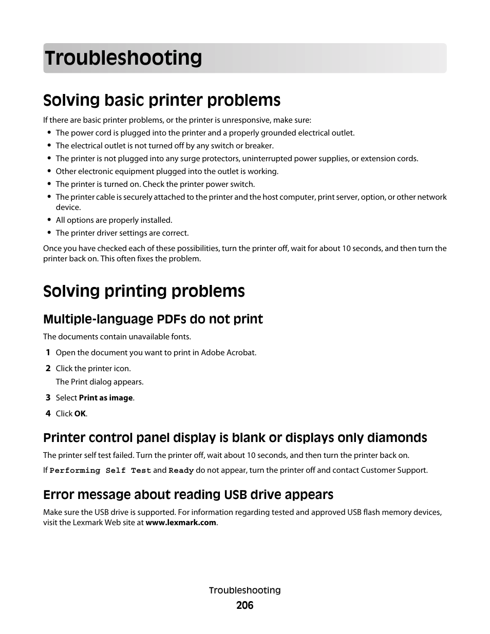 Troubleshooting, Solving basic printer problems, Solving printing problems | Multiple-language pdfs do not print, Error message about reading usb drive appears | Lexmark 382 User Manual | Page 206 / 258