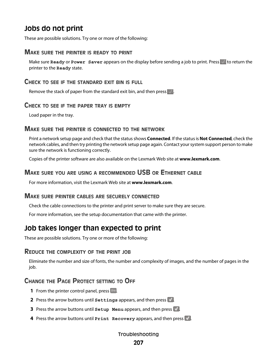 Jobs do not print, Job takes longer than expected to print | Lexmark 382 User Manual | Page 207 / 258