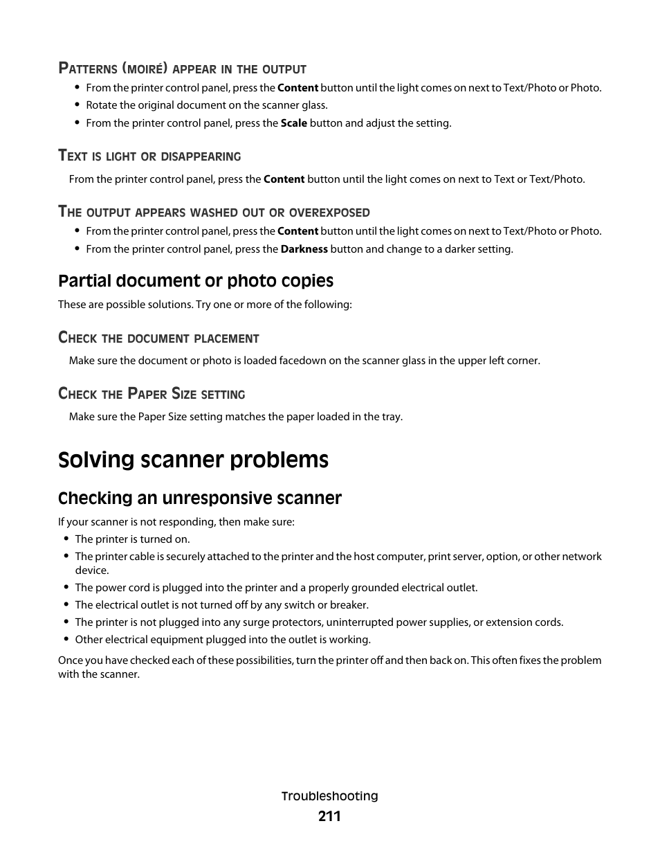Partial document or photo copies, Solving scanner problems, Checking an unresponsive scanner | Lexmark 382 User Manual | Page 211 / 258
