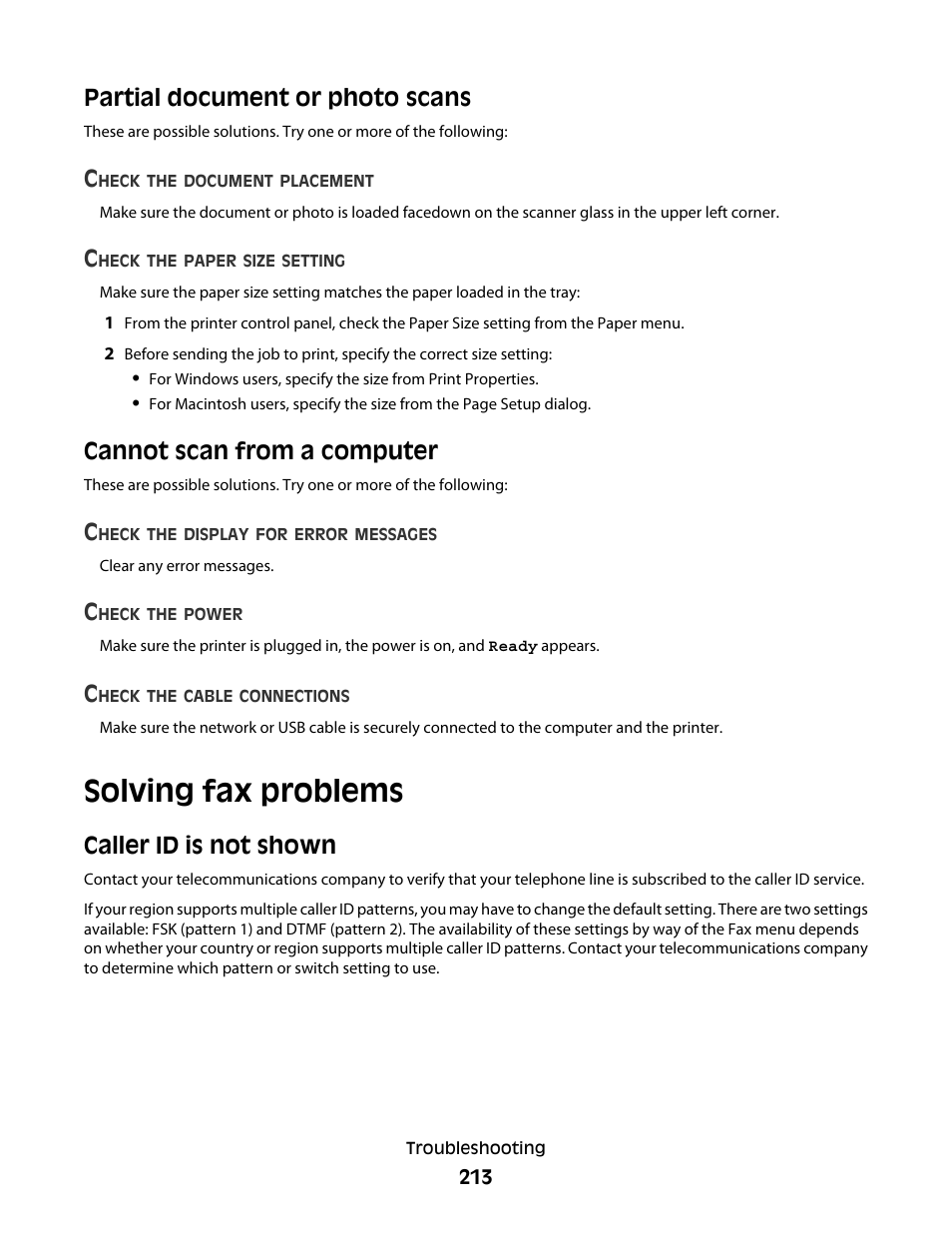 Partial document or photo scans, Cannot scan from a computer, Solving fax problems | Caller id is not shown | Lexmark 382 User Manual | Page 213 / 258