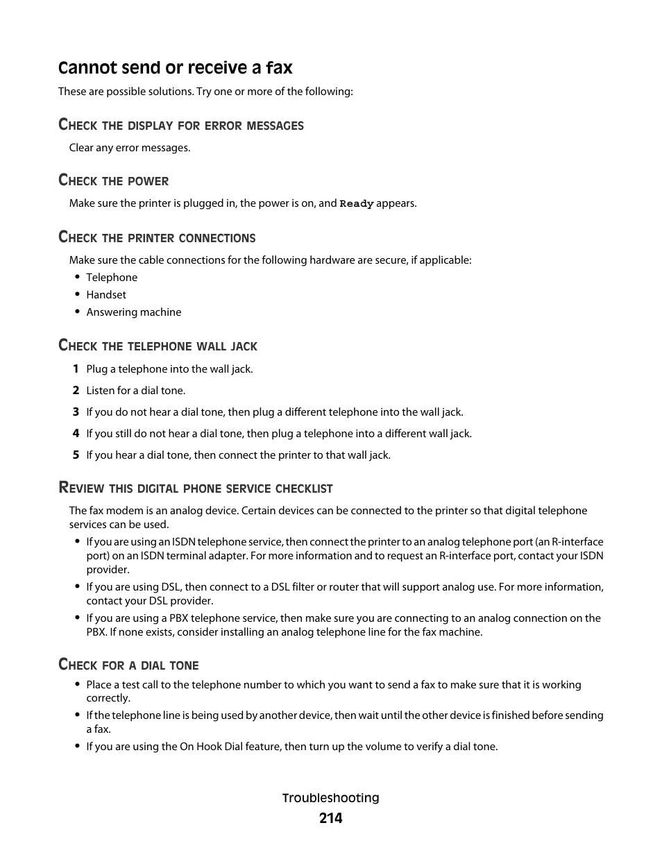 Cannot send or receive a fax | Lexmark 382 User Manual | Page 214 / 258