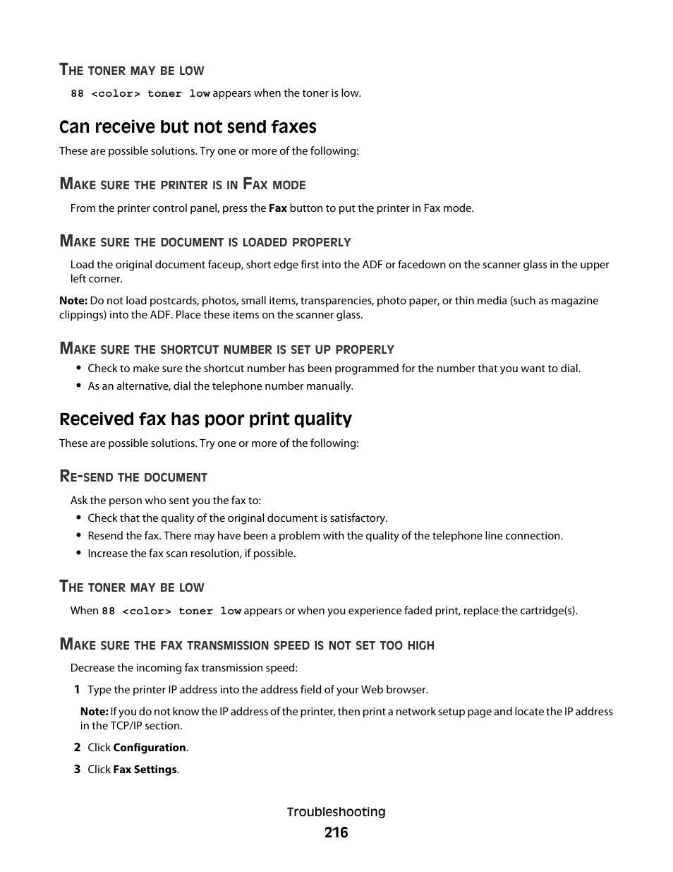 Can receive but not send faxes, Received fax has poor print quality | Lexmark 382 User Manual | Page 216 / 258
