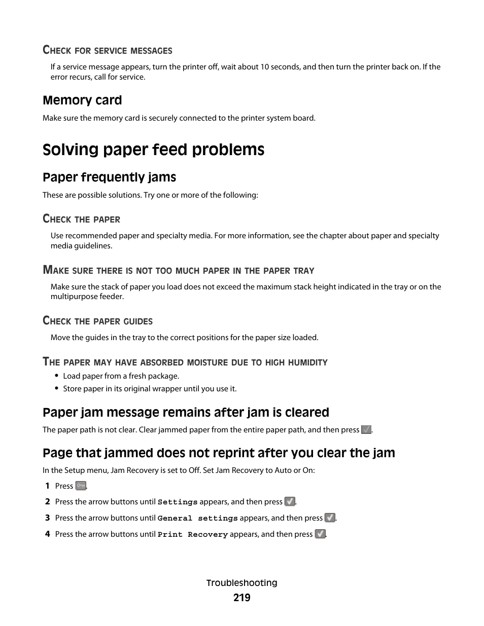 Memory card, Solving paper feed problems, Paper frequently jams | Paper jam message remains after jam is cleared | Lexmark 382 User Manual | Page 219 / 258
