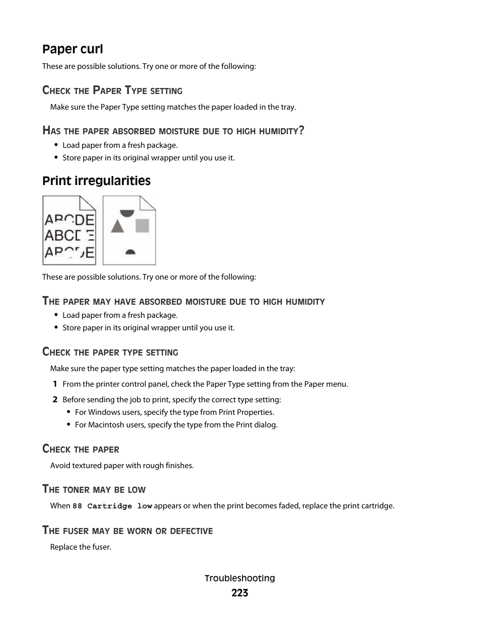 Paper curl, Print irregularities, Paper curl print irregularities | Lexmark 382 User Manual | Page 223 / 258
