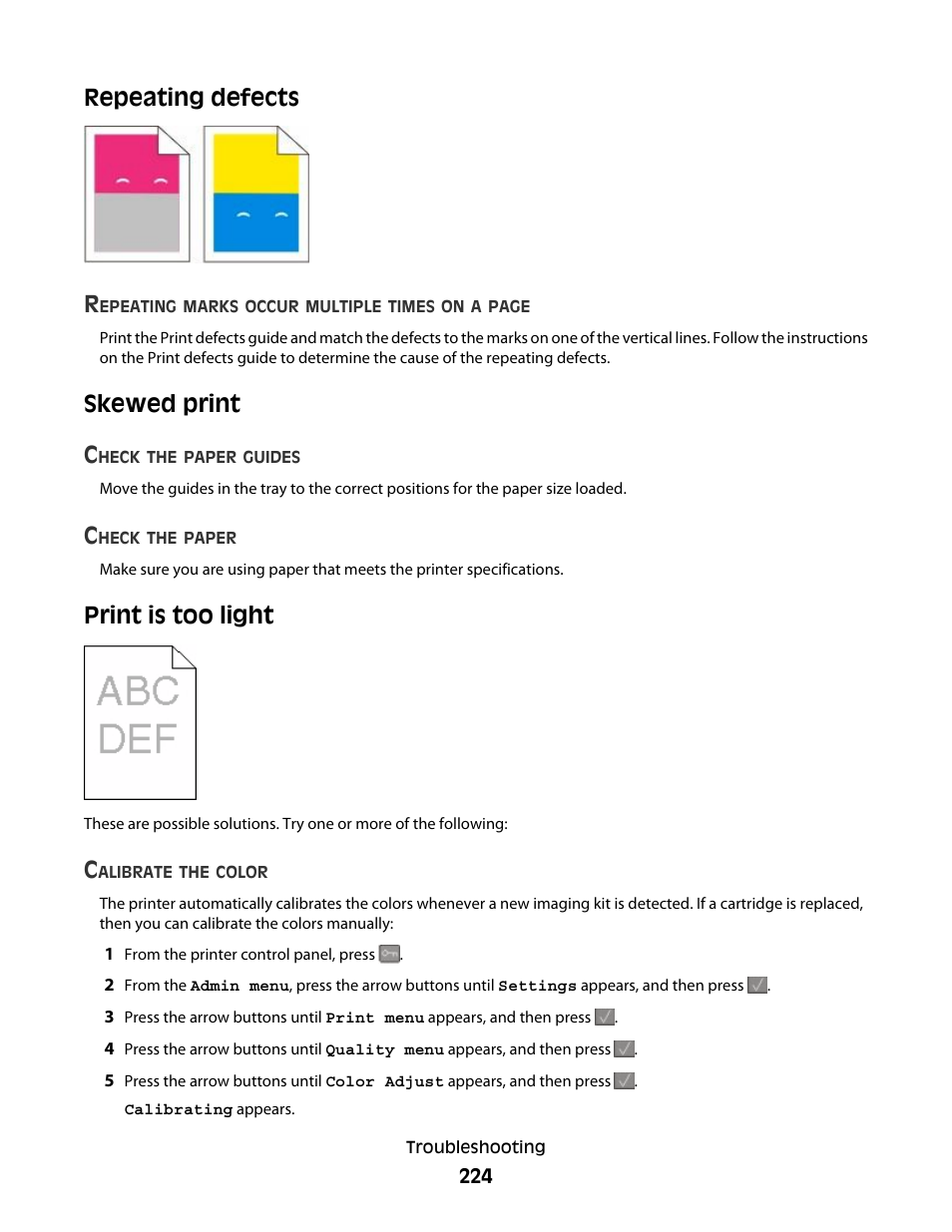 Repeating defects, Skewed print, Print is too light | Repeating defects skewed print print is too light, Repeating defects r, Skewed print c | Lexmark 382 User Manual | Page 224 / 258