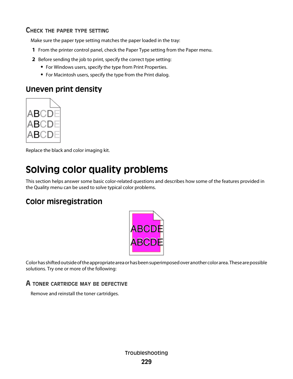 Uneven print density, Solving color quality problems, Color misregistration | Lexmark 382 User Manual | Page 229 / 258