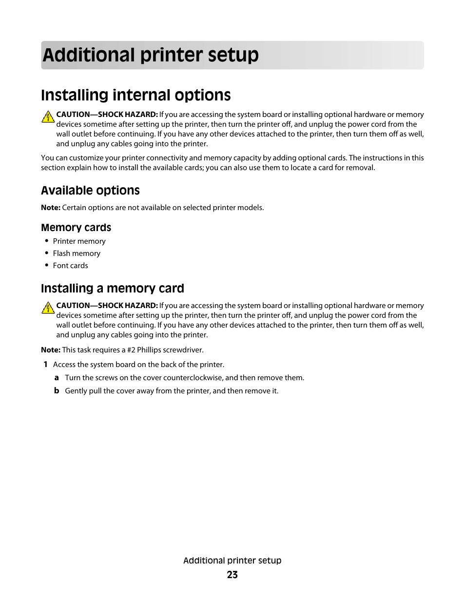 Additional printer setup, Installing internal options, Available options | Installing a memory card, Available options installing a memory card | Lexmark 382 User Manual | Page 23 / 258