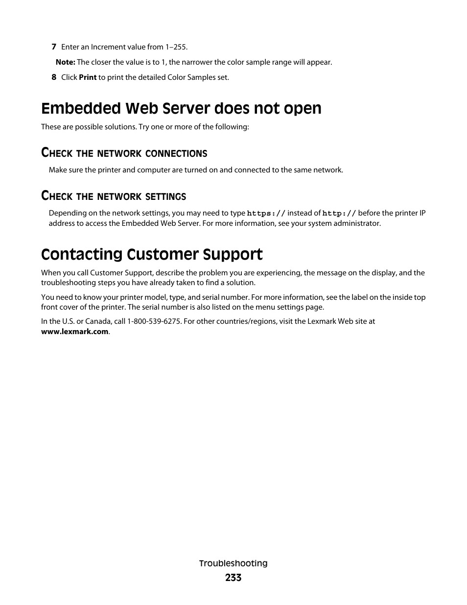 Embedded web server does not open, Check the network connections, Check the network settings | Contacting customer support | Lexmark 382 User Manual | Page 233 / 258