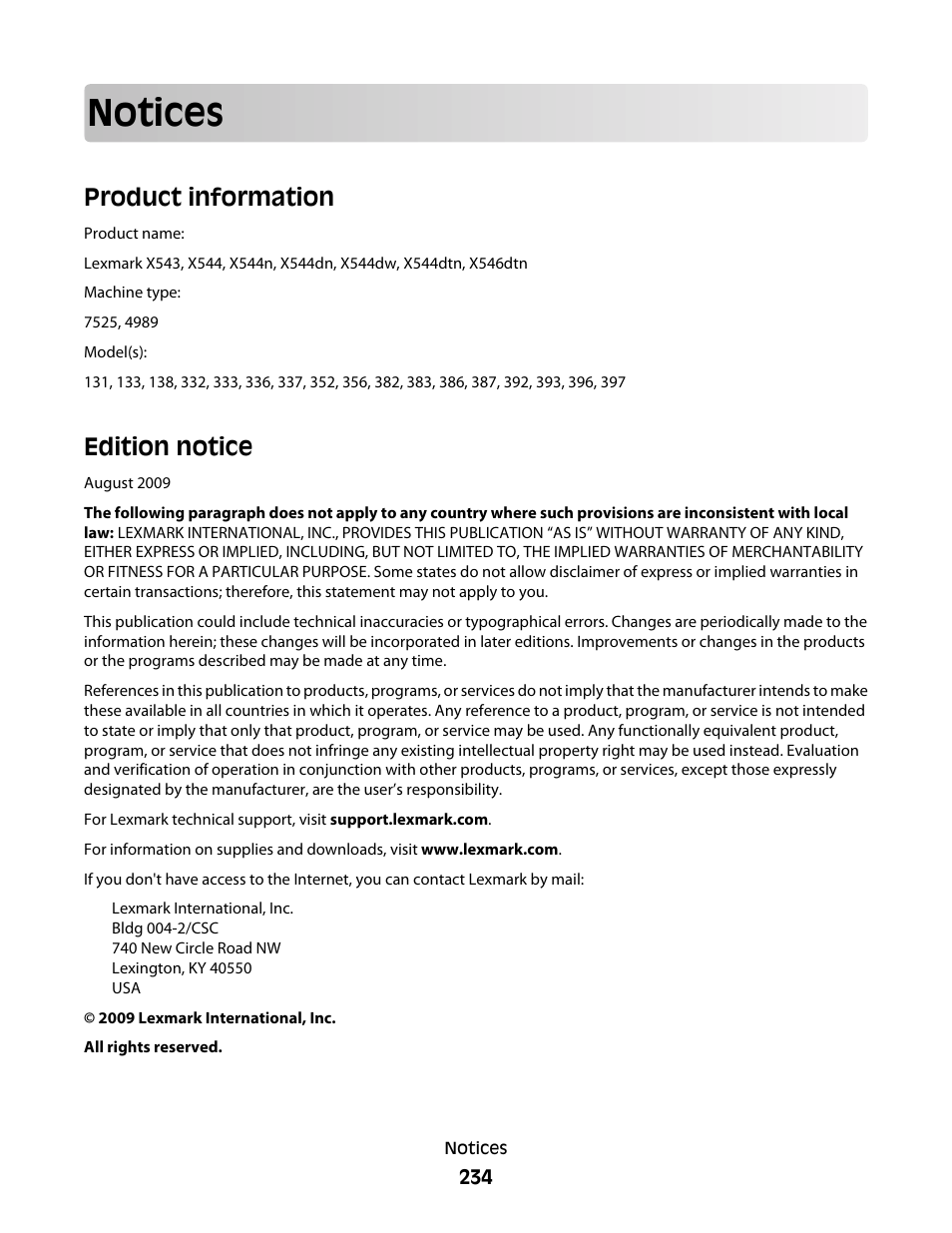 Notices, Product information, Edition notice | Product information edition notice | Lexmark 382 User Manual | Page 234 / 258