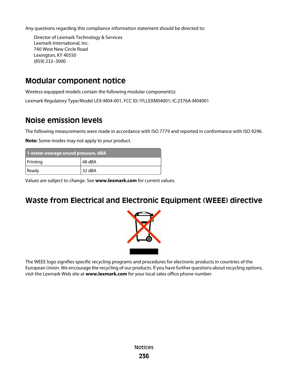 Modular component notice, Noise emission levels, Battery notice | Lexmark 382 User Manual | Page 236 / 258