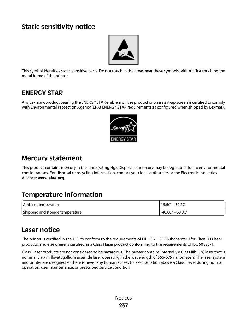 Static sensitivity notice, Energy star, Mercury statement | Temperature information, Laser notice | Lexmark 382 User Manual | Page 237 / 258