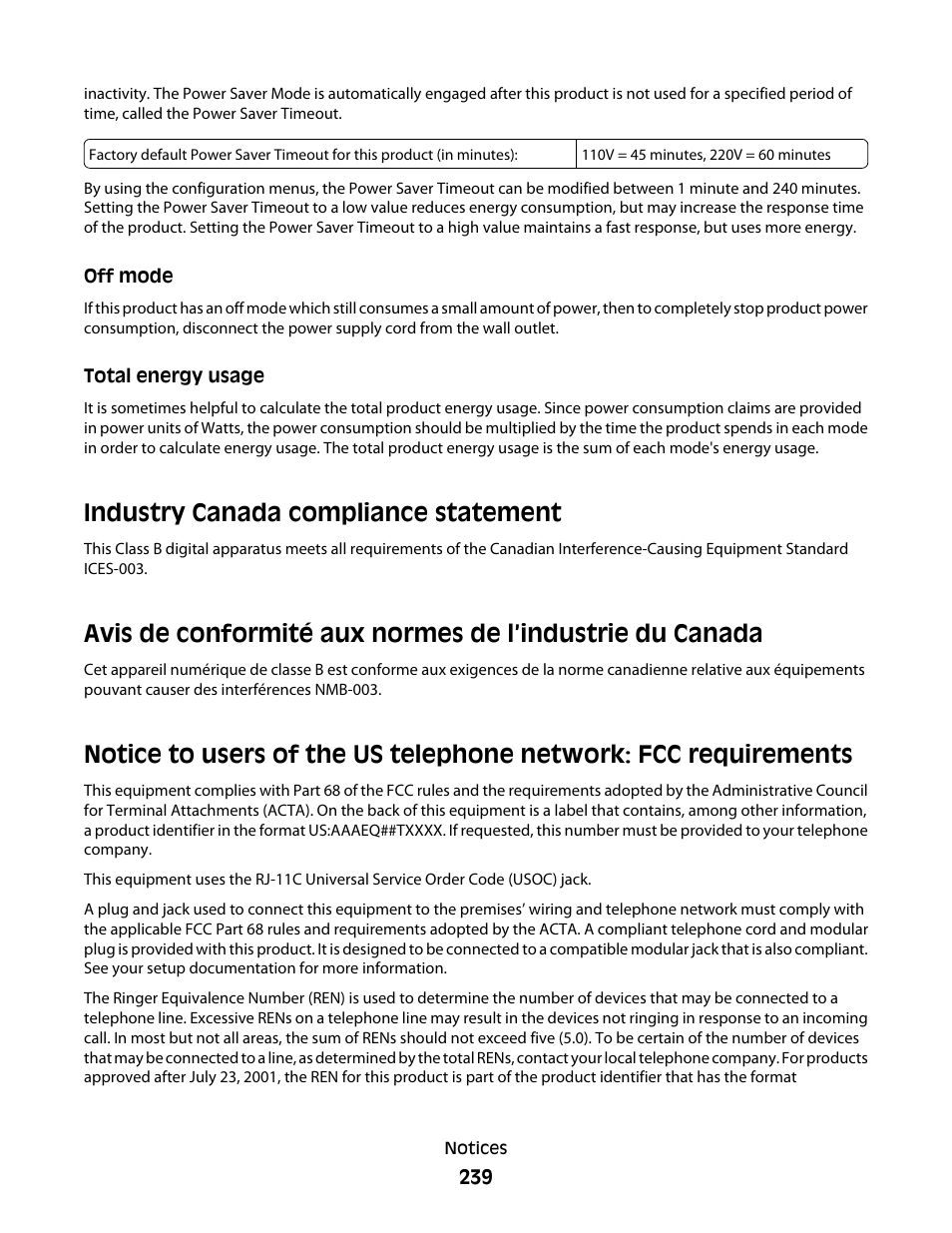 Off mode, Total energy usage, Industry canada compliance statement | Lexmark 382 User Manual | Page 239 / 258