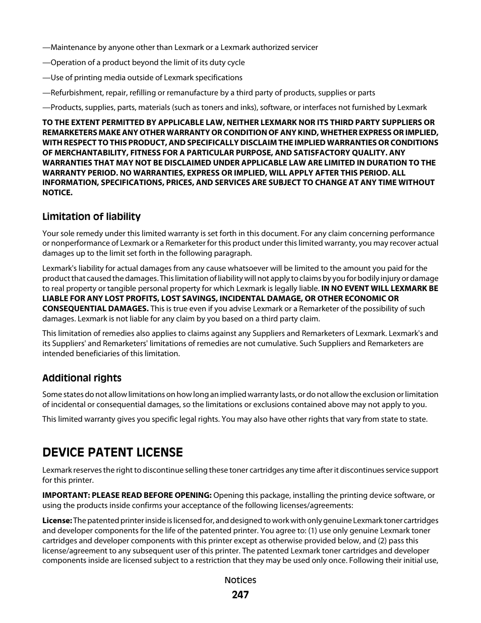 Device patent license | Lexmark 382 User Manual | Page 247 / 258