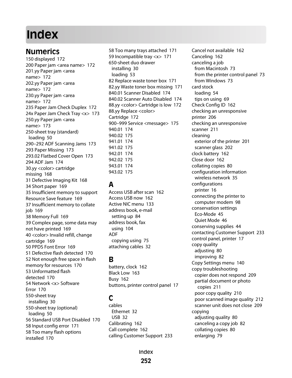 Index, Numerics | Lexmark 382 User Manual | Page 252 / 258