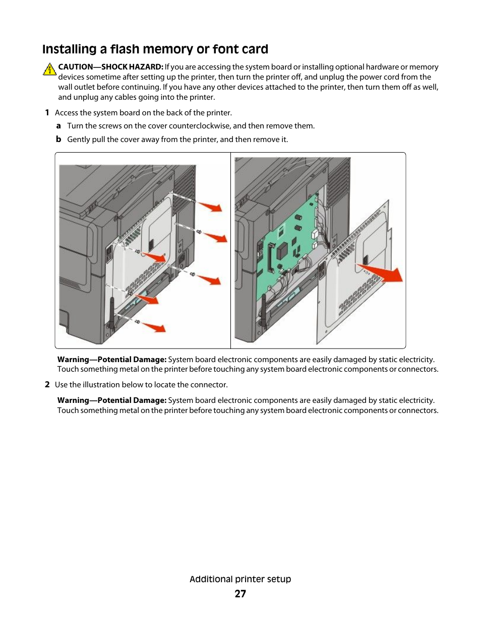 Installing a flash memory or font card | Lexmark 382 User Manual | Page 27 / 258