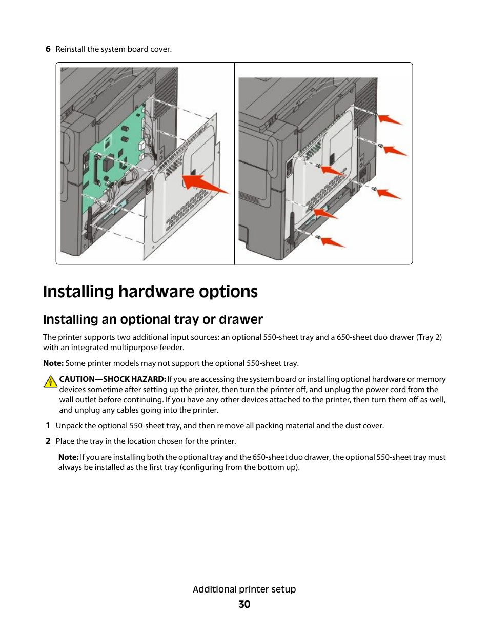 Installing hardware options, Installing an optional tray or drawer | Lexmark 382 User Manual | Page 30 / 258