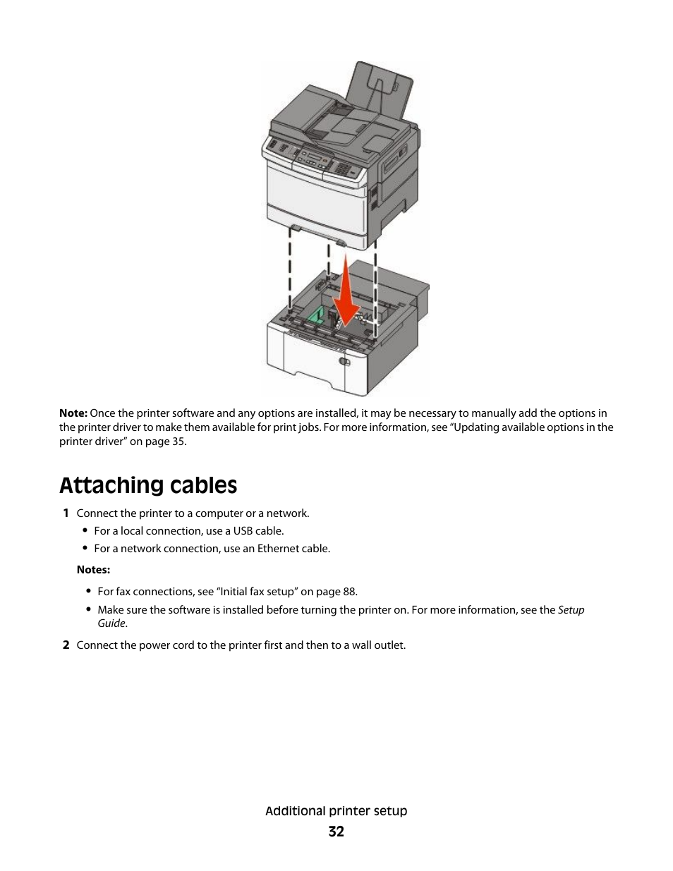 Attaching cables | Lexmark 382 User Manual | Page 32 / 258