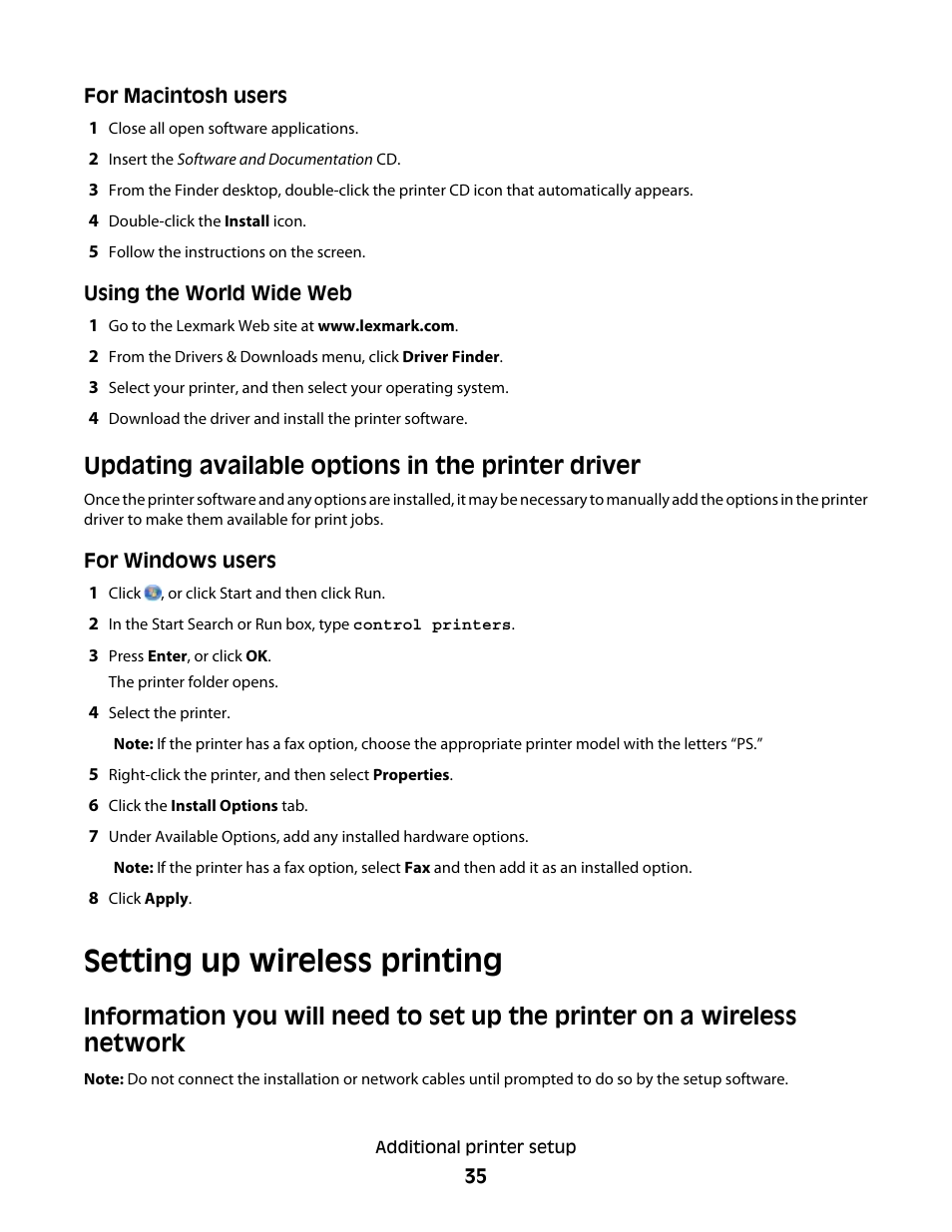 Updating available options in the printer driver, Setting up wireless printing | Lexmark 382 User Manual | Page 35 / 258