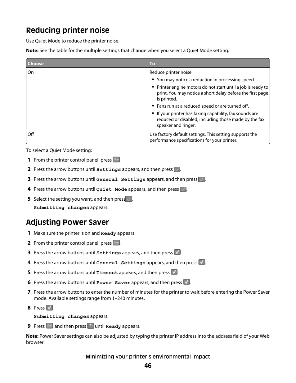 Reducing printer noise, Adjusting power saver, Reducing printer noise adjusting power saver | Lexmark 382 User Manual | Page 46 / 258