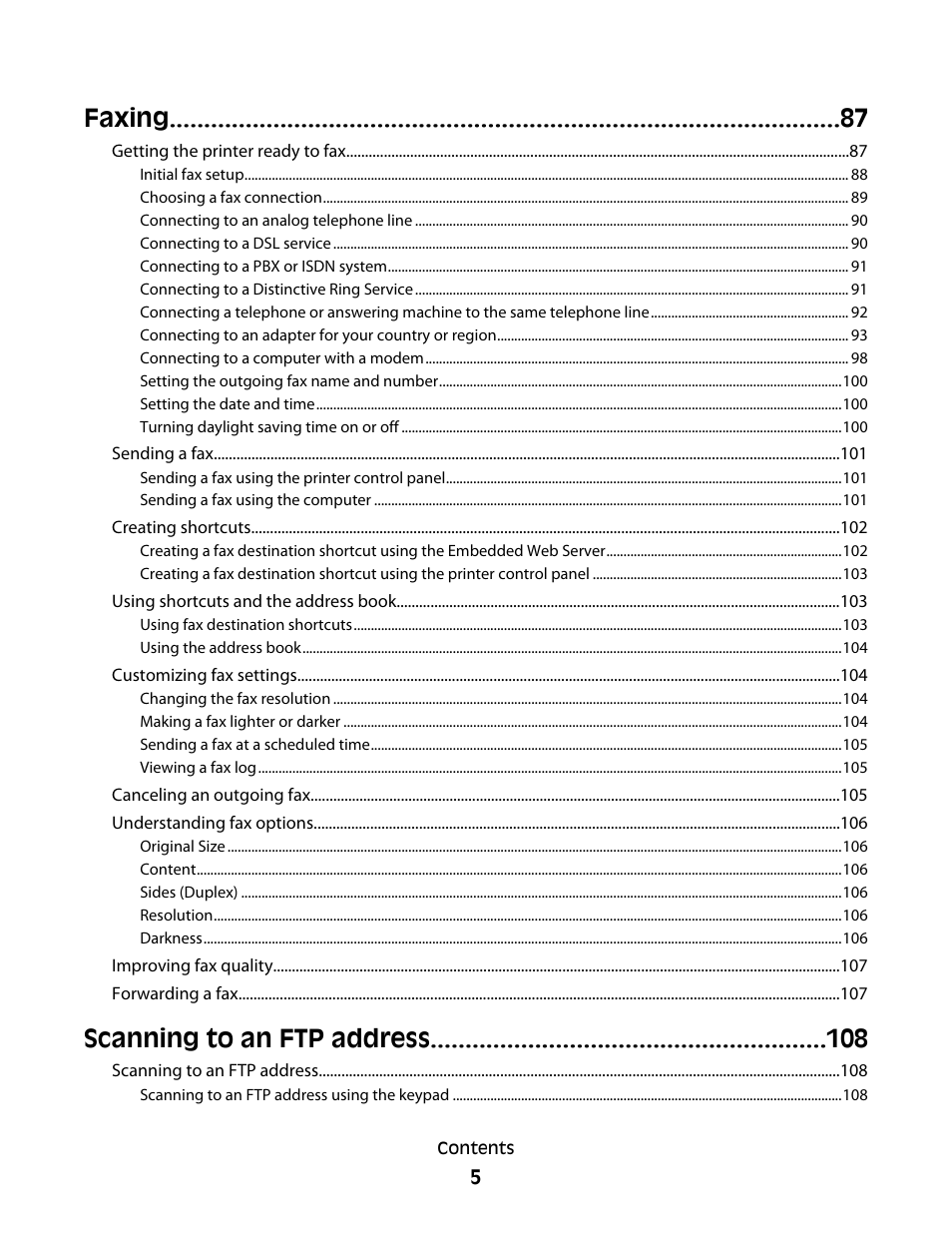 Faxing, Scanning to an ftp address | Lexmark 382 User Manual | Page 5 / 258