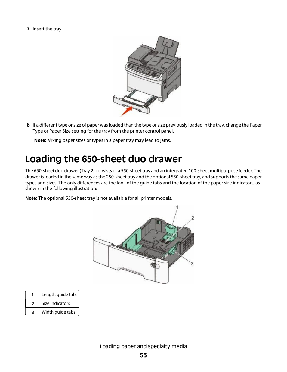 Loading the 650-sheet duo drawer | Lexmark 382 User Manual | Page 53 / 258