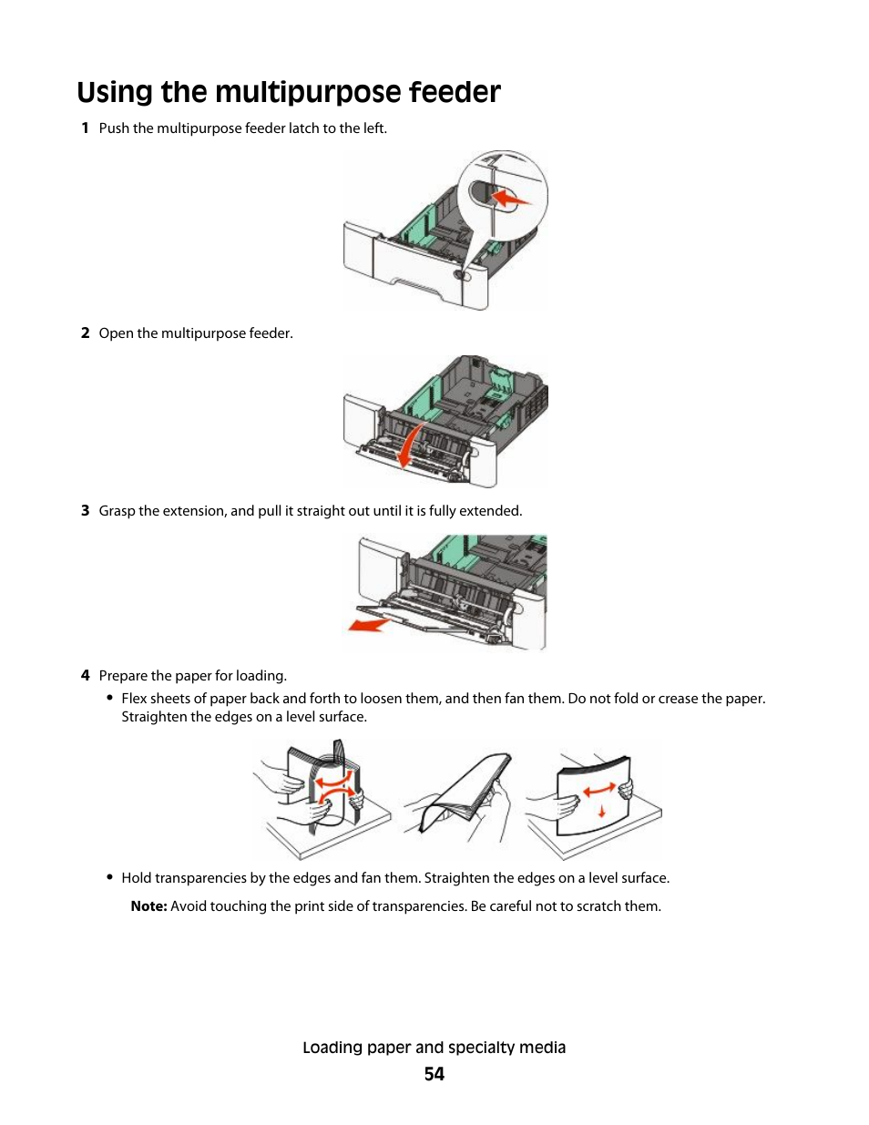 Using the multipurpose feeder | Lexmark 382 User Manual | Page 54 / 258