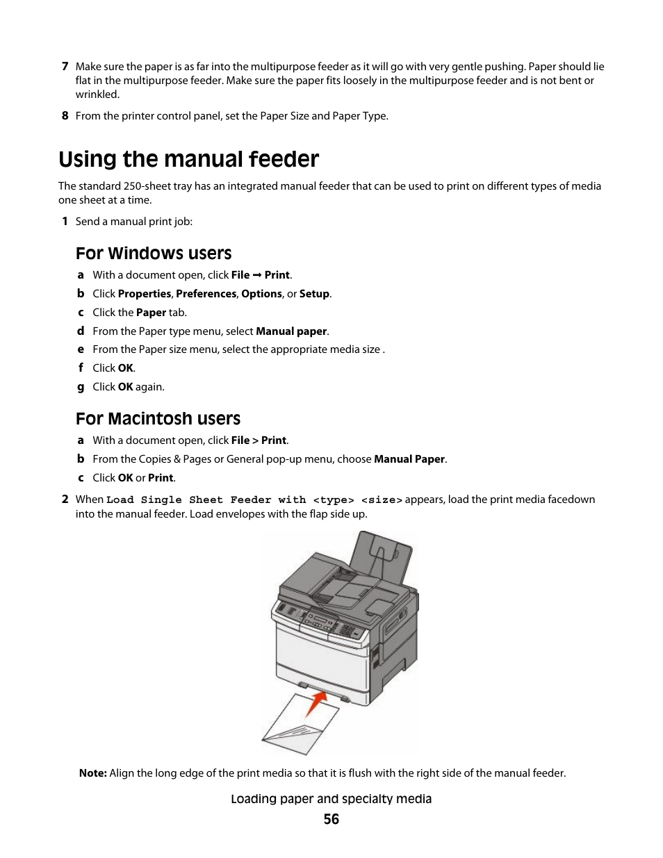 Using the manual feeder, For windows users, For macintosh users | Lexmark 382 User Manual | Page 56 / 258