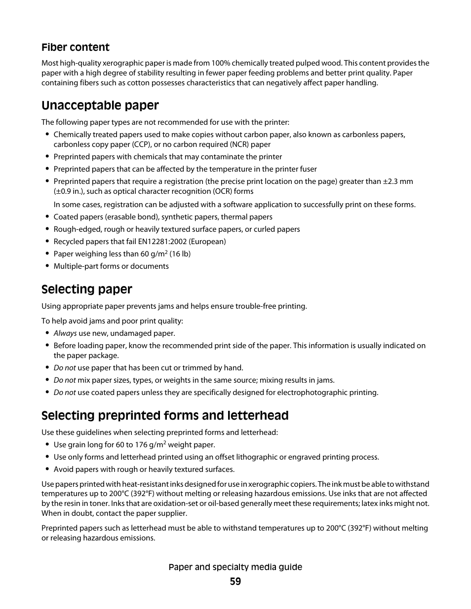 Unacceptable paper, Selecting paper, Selecting preprinted forms and letterhead | Lexmark 382 User Manual | Page 59 / 258