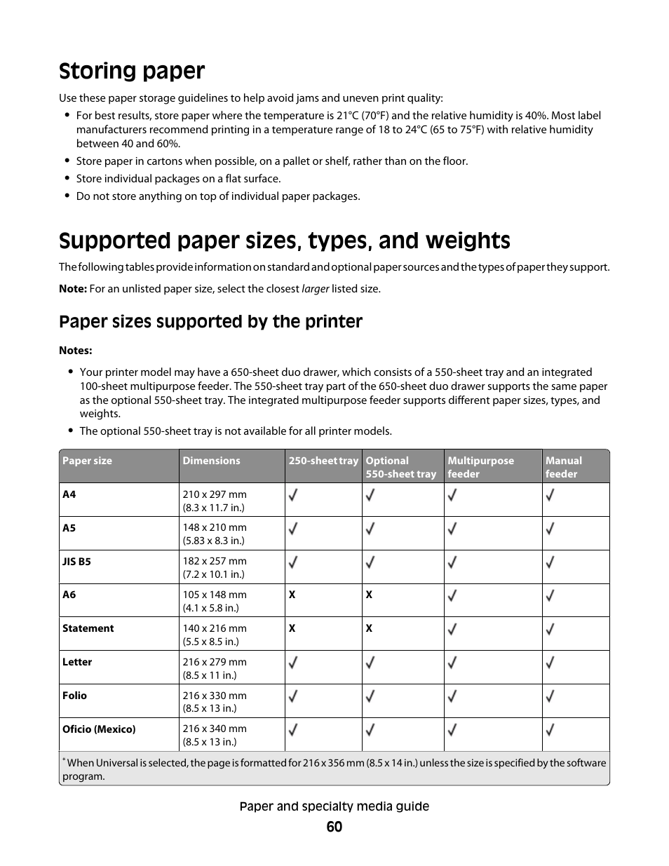 Storing paper, Supported paper sizes, types, and weights, Paper sizes supported by the printer | Lexmark 382 User Manual | Page 60 / 258