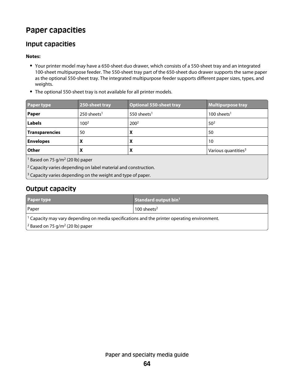 Paper capacities, Input capacities, Output capacity | Lexmark 382 User Manual | Page 64 / 258