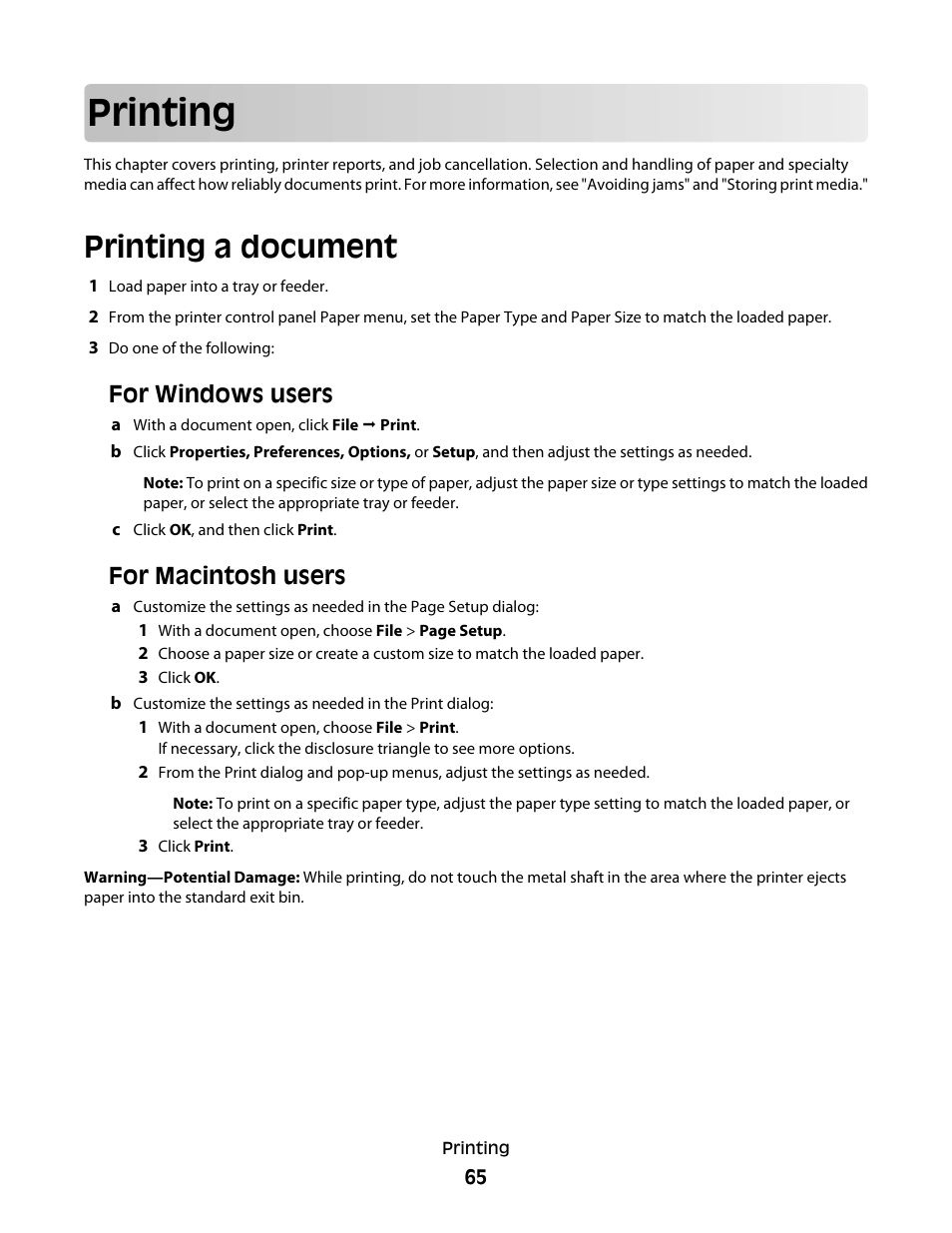 Printing, Printing a document, For windows users | For macintosh users | Lexmark 382 User Manual | Page 65 / 258