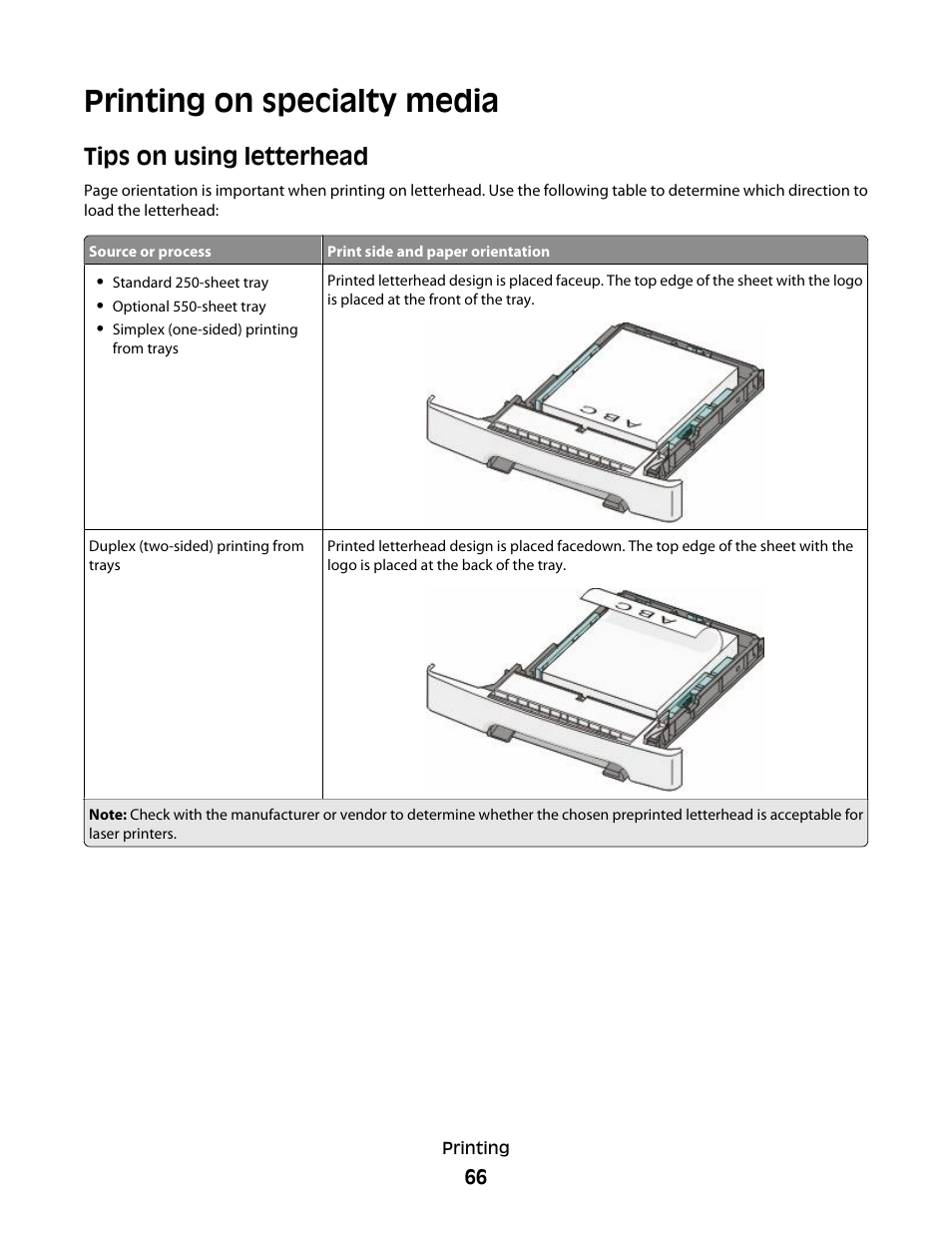 Printing on specialty media, Tips on using letterhead | Lexmark 382 User Manual | Page 66 / 258