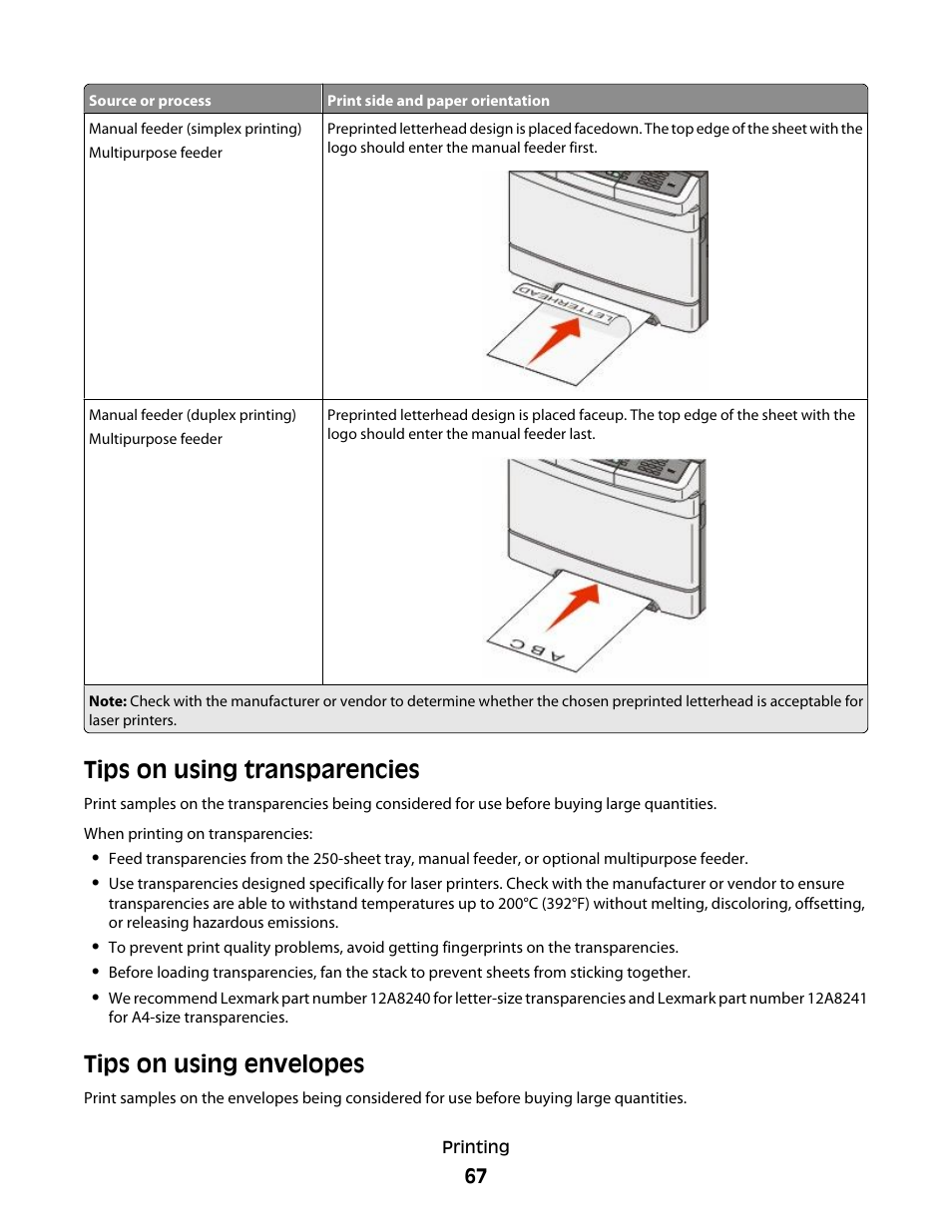 Tips on using transparencies, Tips on using envelopes | Lexmark 382 User Manual | Page 67 / 258