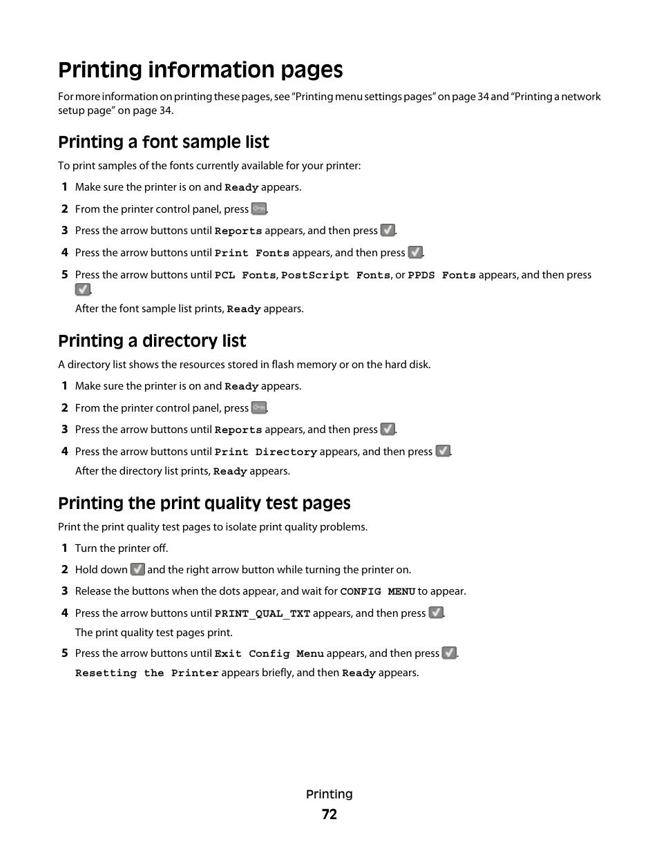 Printing a font sample list, Printing a directory list, Printing information pages | Printing the print quality test pages | Lexmark 382 User Manual | Page 72 / 258