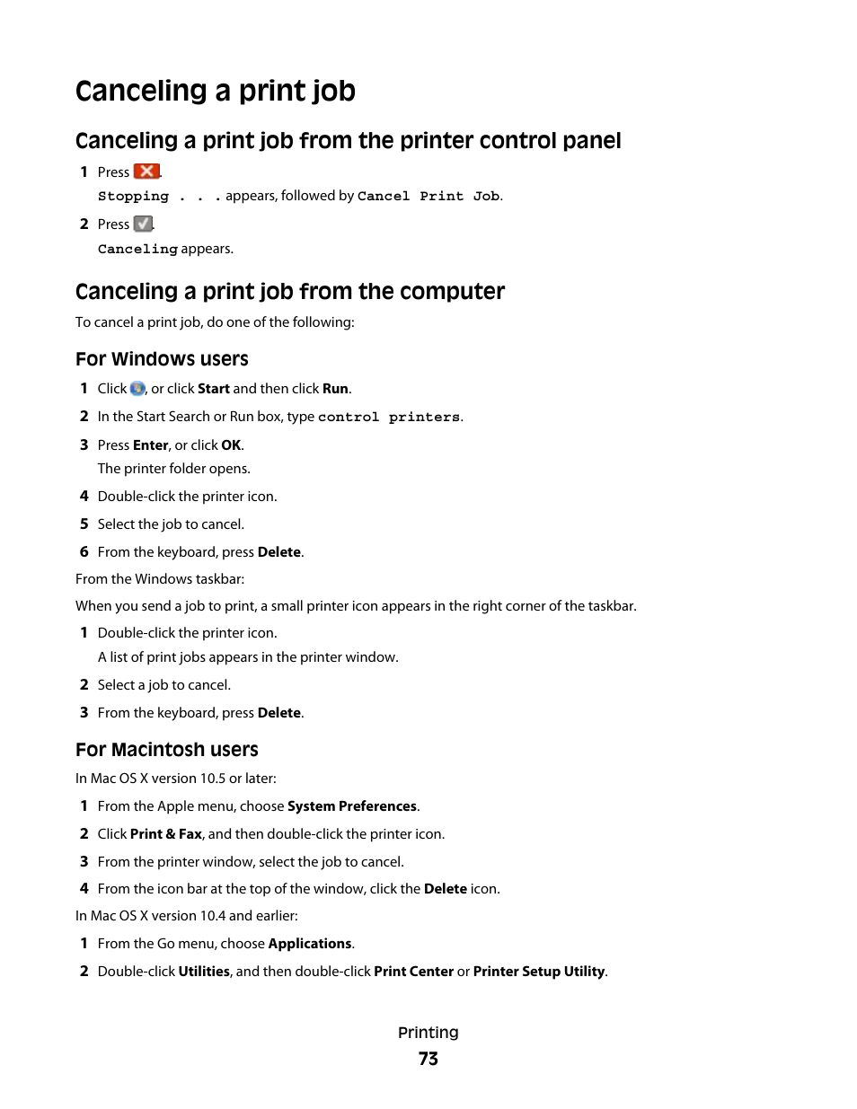 Canceling a print job, Canceling a print job from the computer | Lexmark 382 User Manual | Page 73 / 258