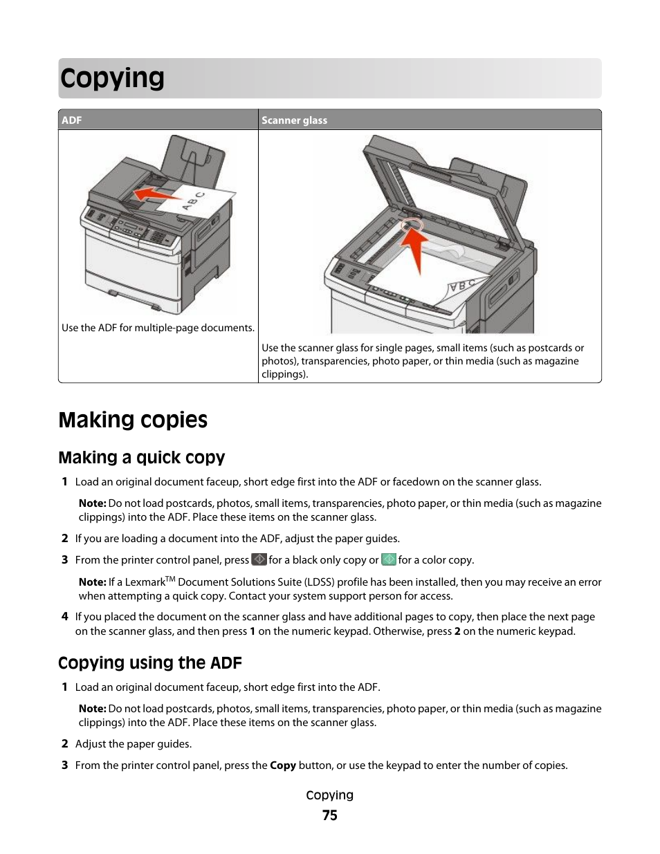 Copying, Making copies, Making a quick copy | Copying using the adf, Making a quick copy copying using the adf | Lexmark 382 User Manual | Page 75 / 258