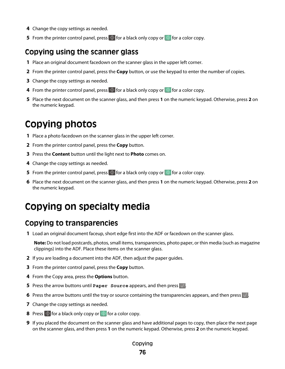 Copying using the scanner glass, Copying photos, Copying on specialty media | Copying to transparencies, Copying photos copying on specialty media | Lexmark 382 User Manual | Page 76 / 258
