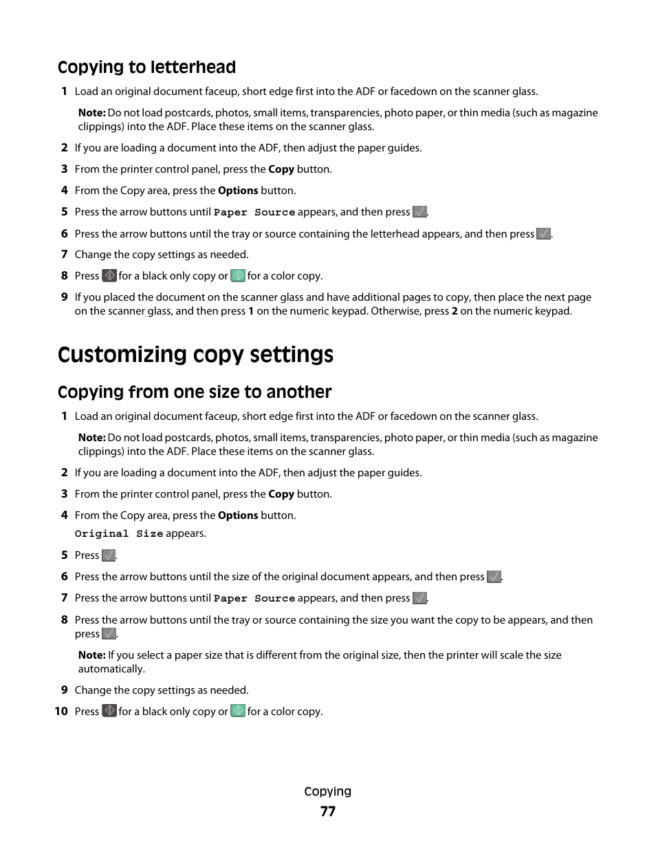 Copying to letterhead, Customizing copy settings, Copying from one size to another | Lexmark 382 User Manual | Page 77 / 258