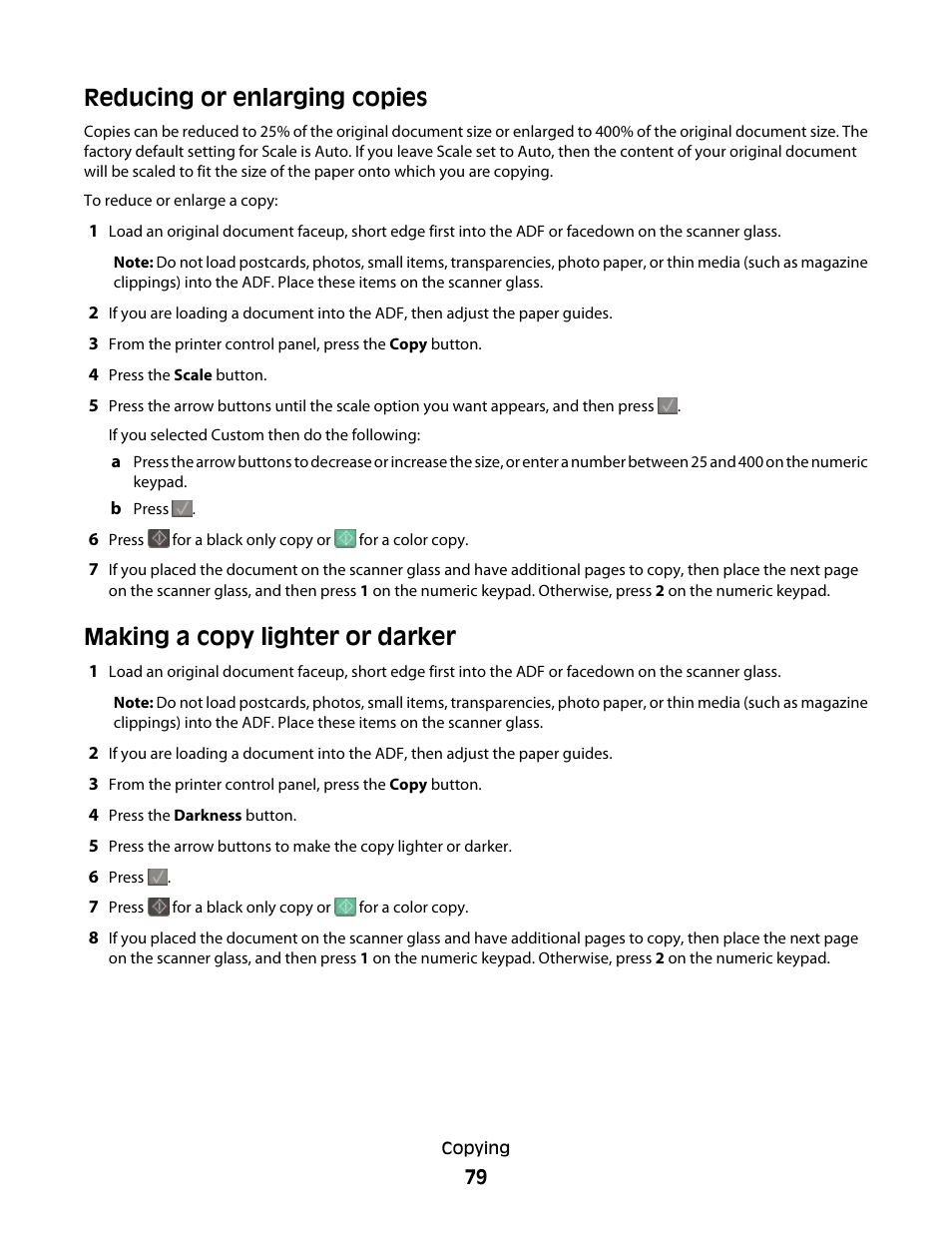 Reducing or enlarging copies, Making a copy lighter or darker | Lexmark 382 User Manual | Page 79 / 258
