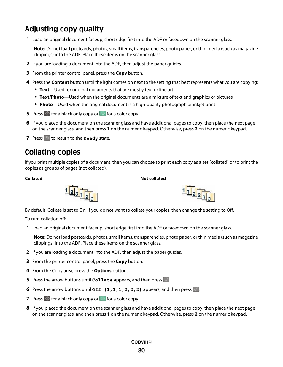 Adjusting copy quality, Collating copies, Adjusting copy quality collating copies | Lexmark 382 User Manual | Page 80 / 258