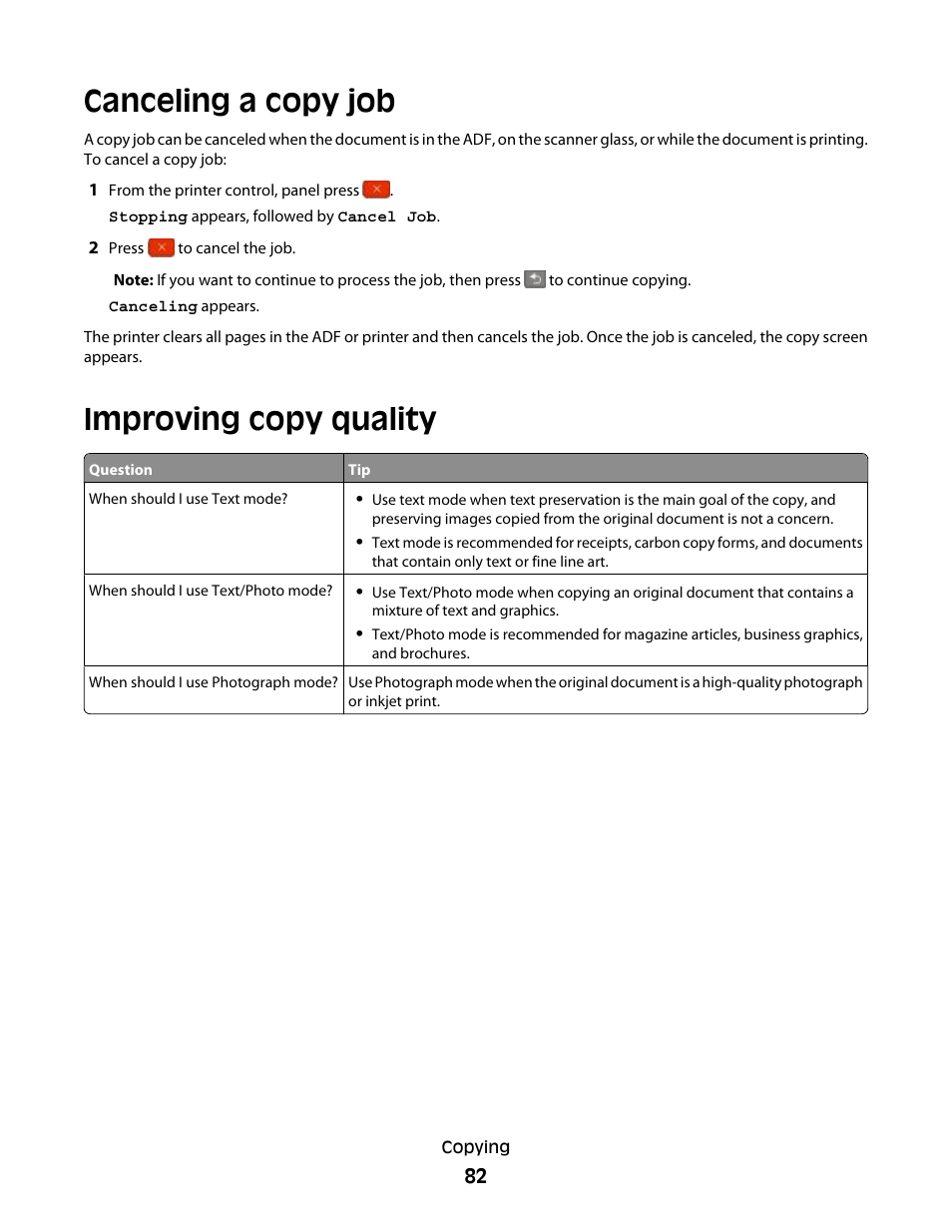 Canceling a copy job, Improving copy quality, Canceling a copy job improving copy quality | Lexmark 382 User Manual | Page 82 / 258