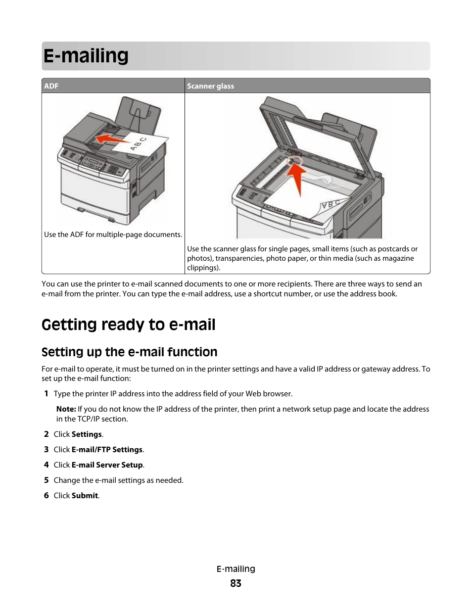 E-mailing, Getting ready to e-mail, Setting up the e-mail function | Lexmark 382 User Manual | Page 83 / 258