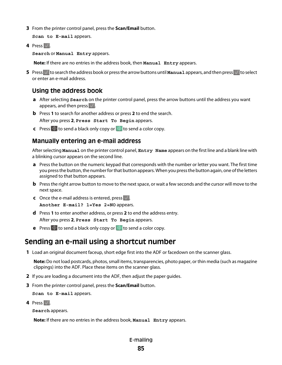 Sending an e-mail using a shortcut number | Lexmark 382 User Manual | Page 85 / 258