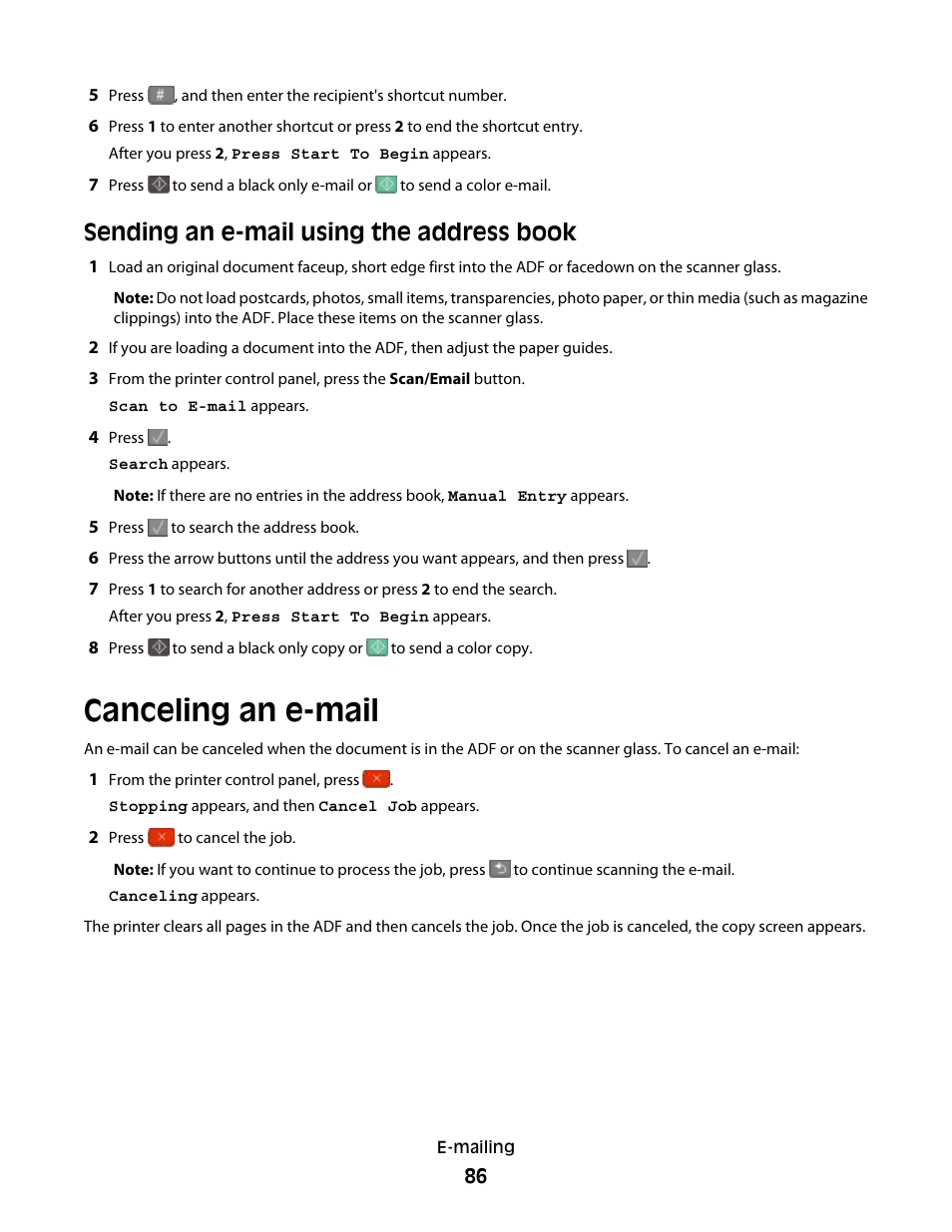 Sending an e-mail using the address book, Canceling an e-mail | Lexmark 382 User Manual | Page 86 / 258