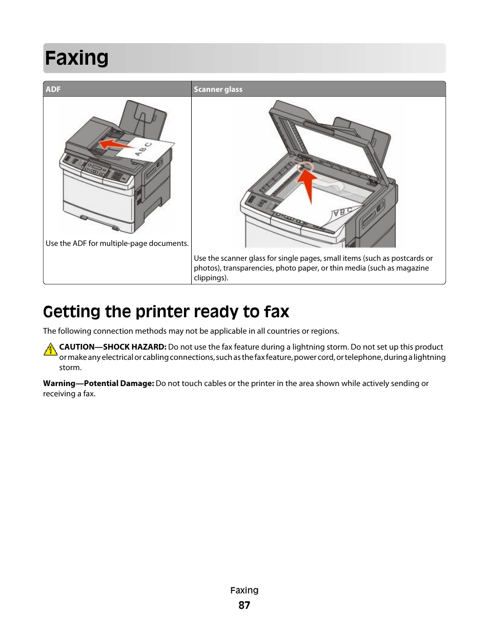 Faxing, Getting the printer ready to fax | Lexmark 382 User Manual | Page 87 / 258