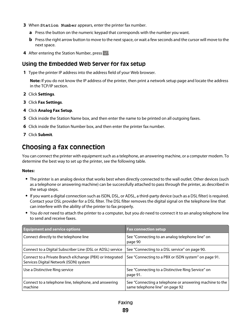 Choosing a fax connection | Lexmark 382 User Manual | Page 89 / 258