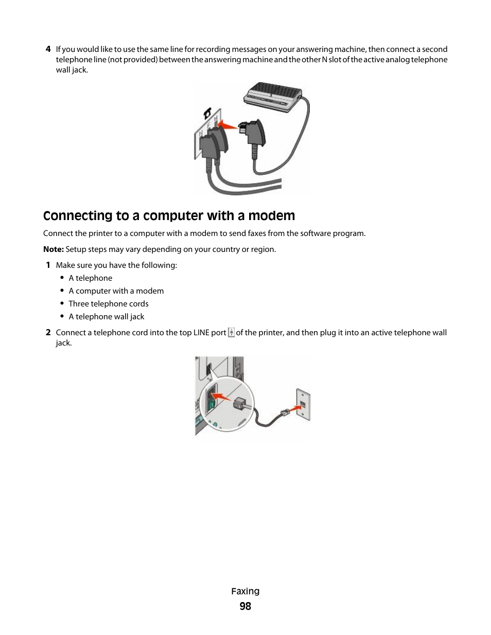 Connecting to a computer with a modem, See “connecting to a computer with a modem” on | Lexmark 382 User Manual | Page 98 / 258