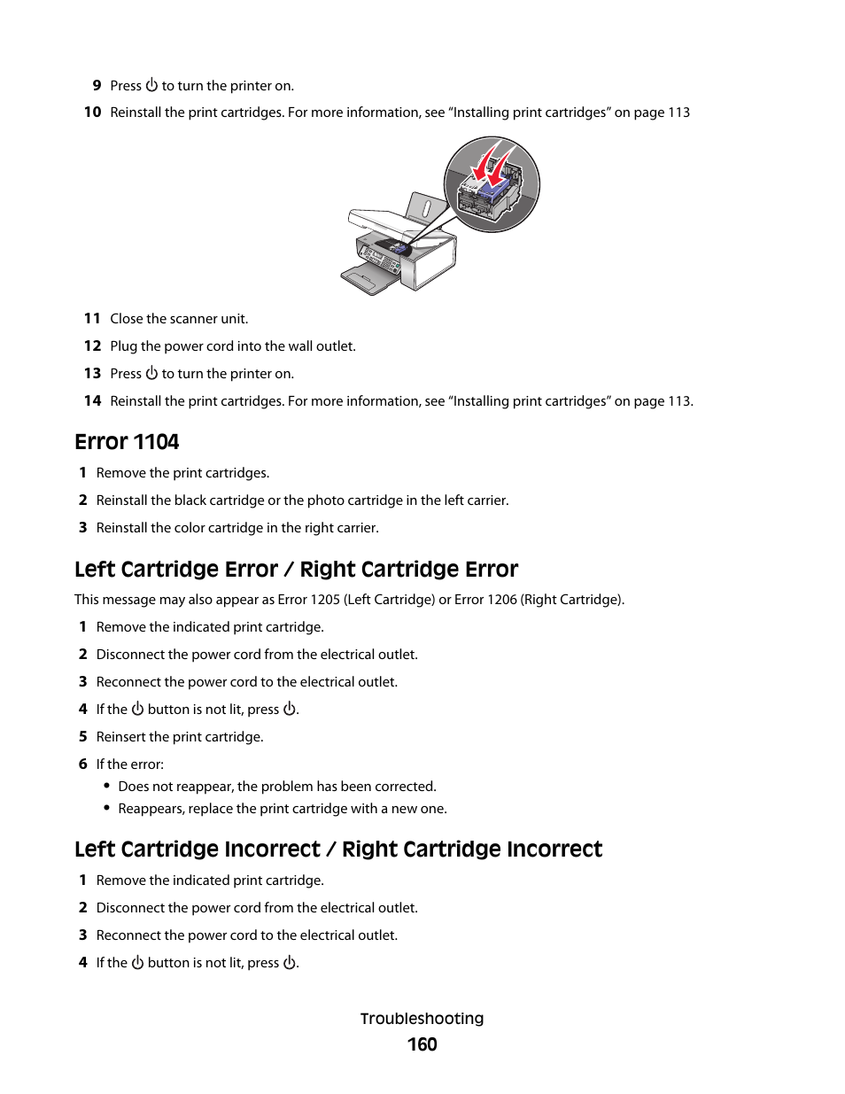 Error 1104, Left cartridge error / right cartridge error | Lexmark 5300 User Manual | Page 160 / 179