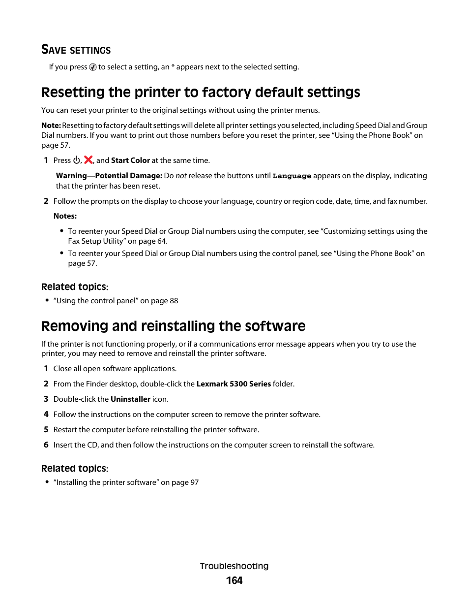 Save settings, Resetting the printer to factory default settings, Removing and reinstalling the software | Lexmark 5300 User Manual | Page 164 / 179